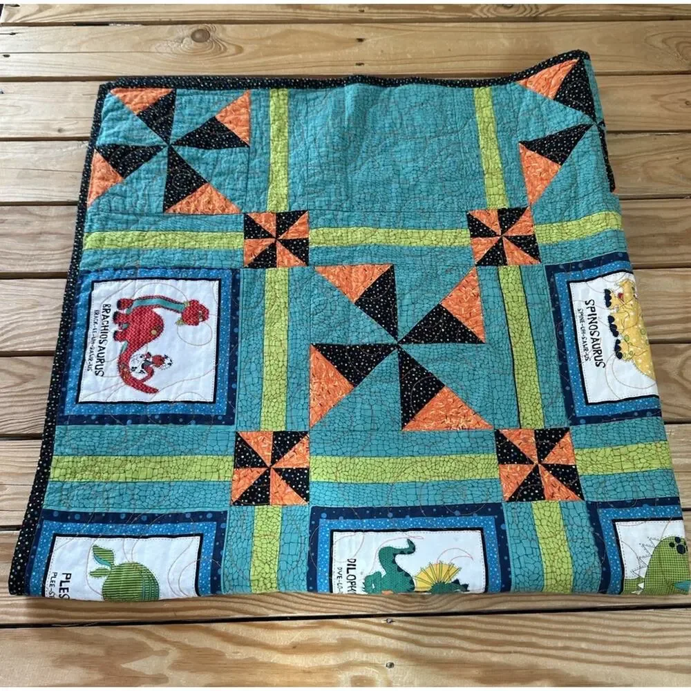 Handmade Patchwork Dinosaur quilt size 51x50 Green orange L2